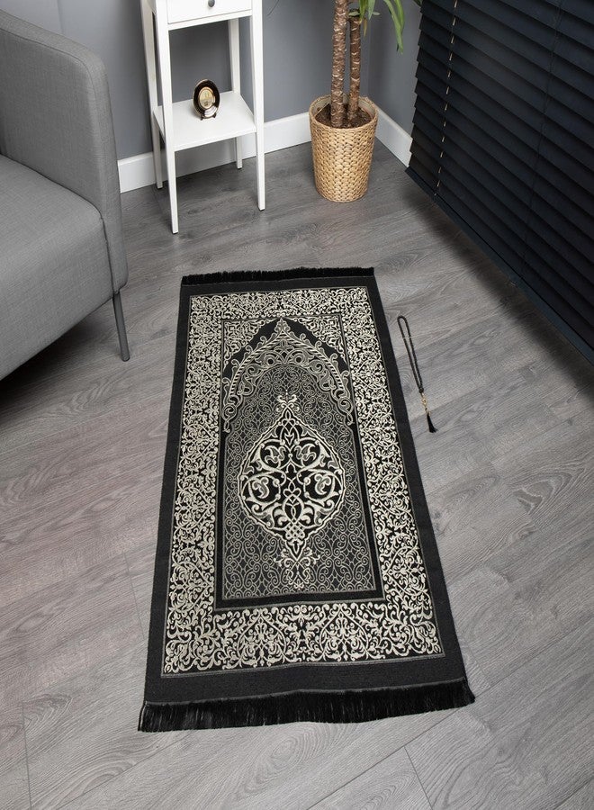 Modefa Turkish Islamic Prayer Mat | Thin Woven Chenille Janamaz Sajada | Muslim Gift Ramadan Eid with Tesbih Prayer Beads | Ottoman Rug with Cylinder Gift Box Set (Black with Box) - Image 5
